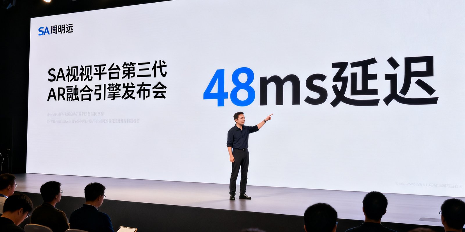 SA视讯平台第三代AR融合引擎发布会现场，CEO周明远站在舞台上指着大屏幕上的48ms延迟指标向与会嘉宾讲解技术突破。