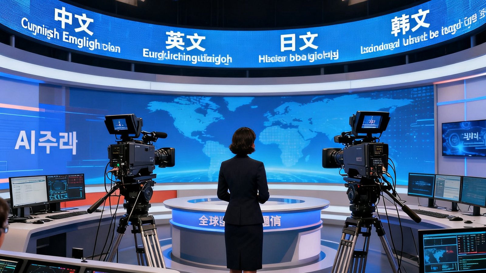多语种数字演播厅全景，弧形LED背景墙同步滚动显示中英日韩四种语言字幕，主持人面向三台广播级摄像机进行全球直播，控制室内AI翻译引擎实时处理语音流。